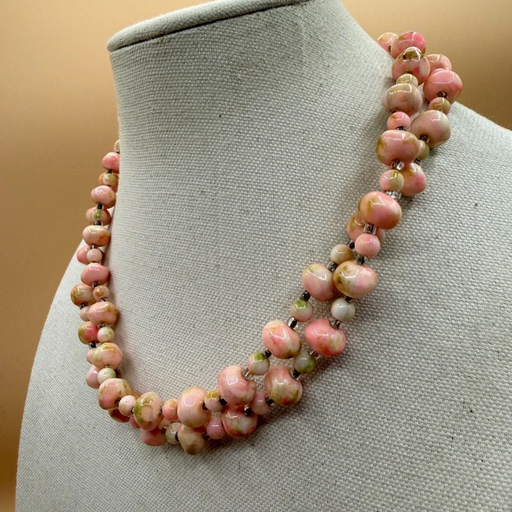 Pink Green Ceramic Bead Double Strand Necklace Cottagecore Boho Statement Gift